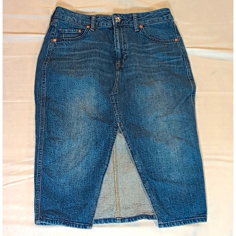 H&M &DENIM Blue Denim Midi Pencil Skirt Women’s Size 10 Pockets Slit Button